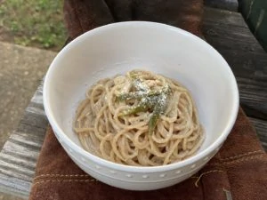 Jalapeño cream pasta in a white bowl