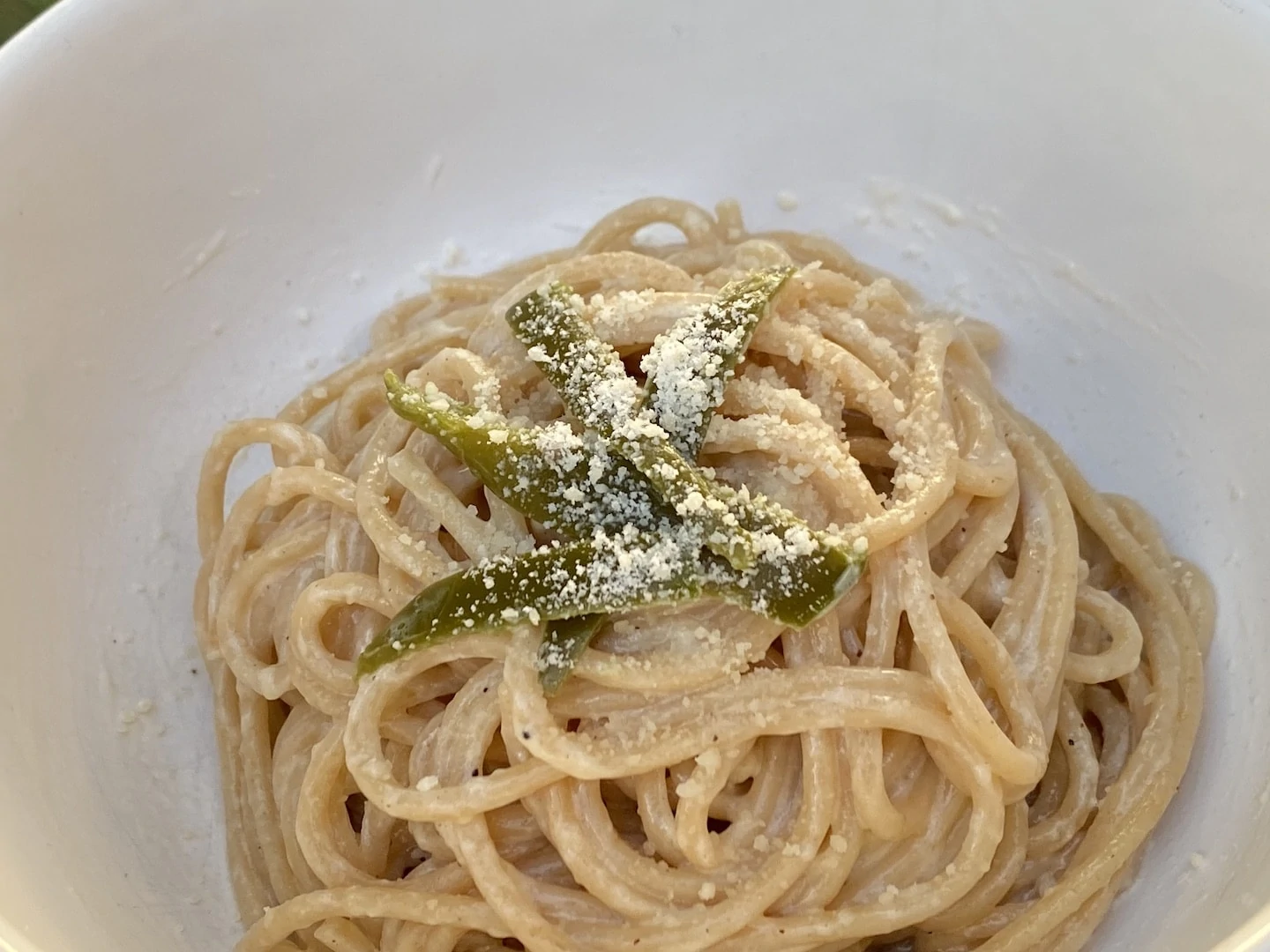 Bowl of spaghetti tossed in jalapeño cream sauce