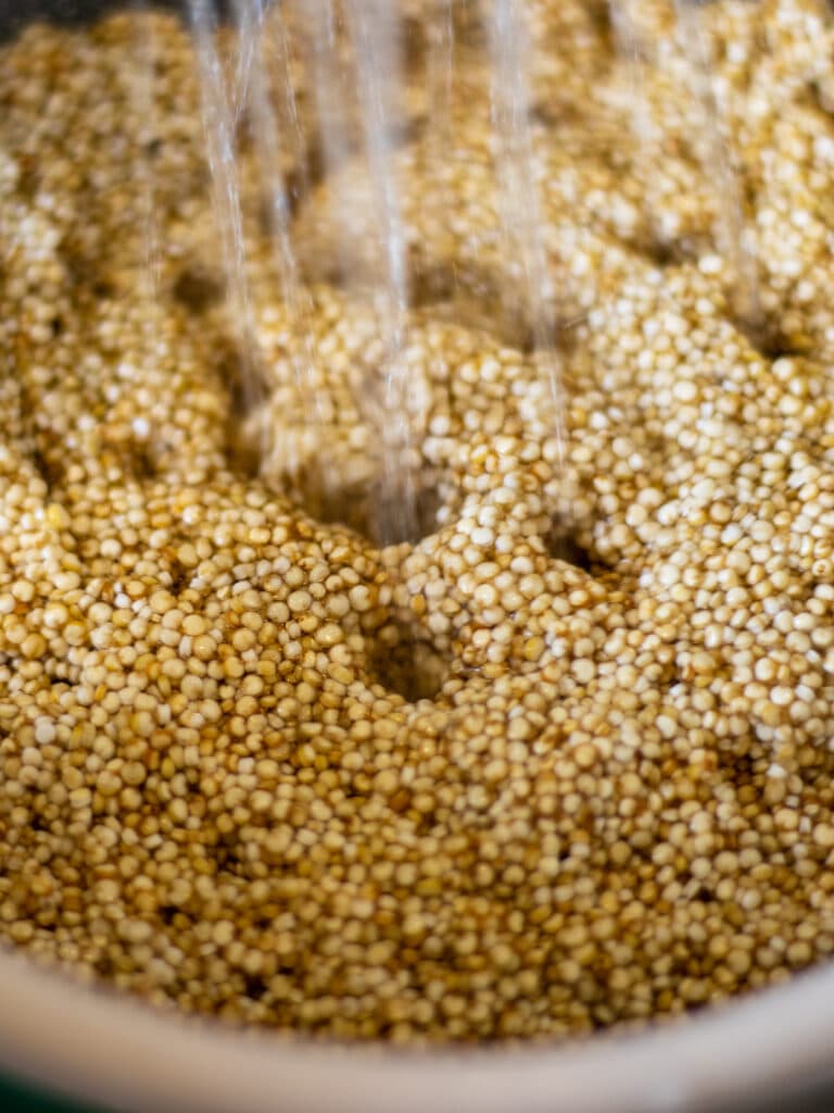 Close up of quinoa being rinsed in a mesh strainer. The water is coming from a sprayer head so there are multiple small jets creating little holes in the basket of quinoa. 