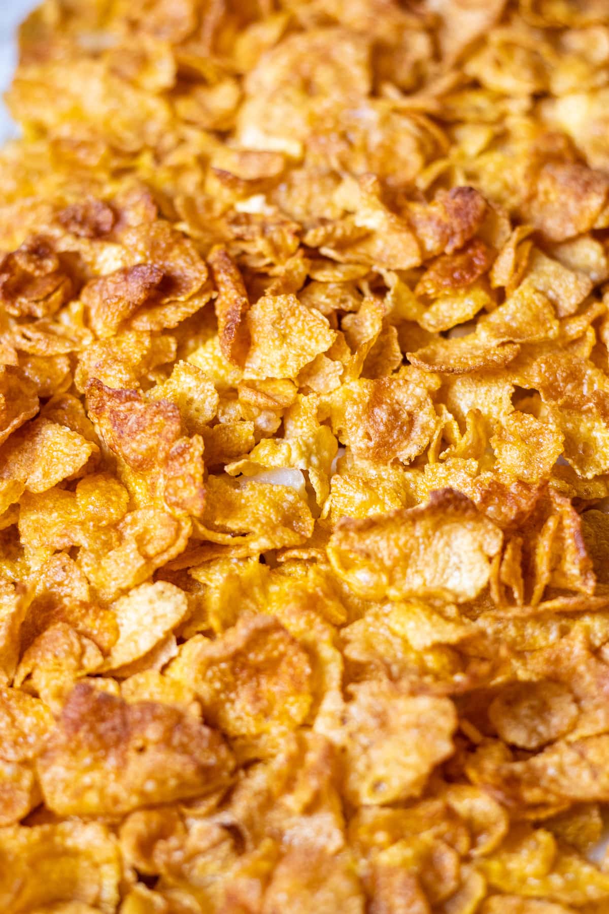 Close up of the toasted corn flakes on top. 